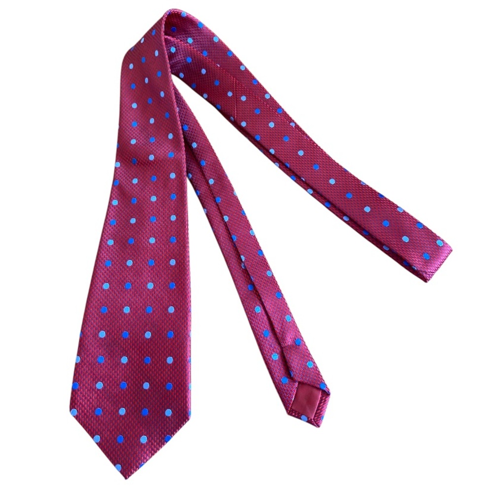 REDDINGTON Blue Polka Dots On Red Silk Necktie